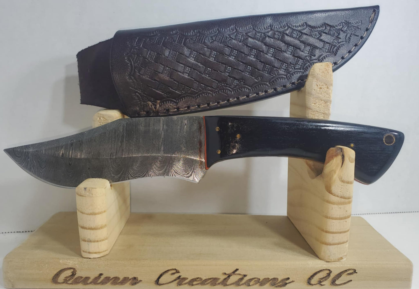 Damascus Knife w/ Black Ebony Wood and Orange Liner